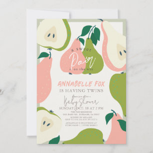 Sweet Pair Pink & Green Pear Twins Baby Shower Invitation