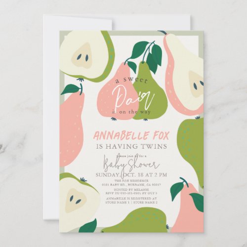 Sweet Pair Pink  Green Pear Twins Baby Shower Invitation