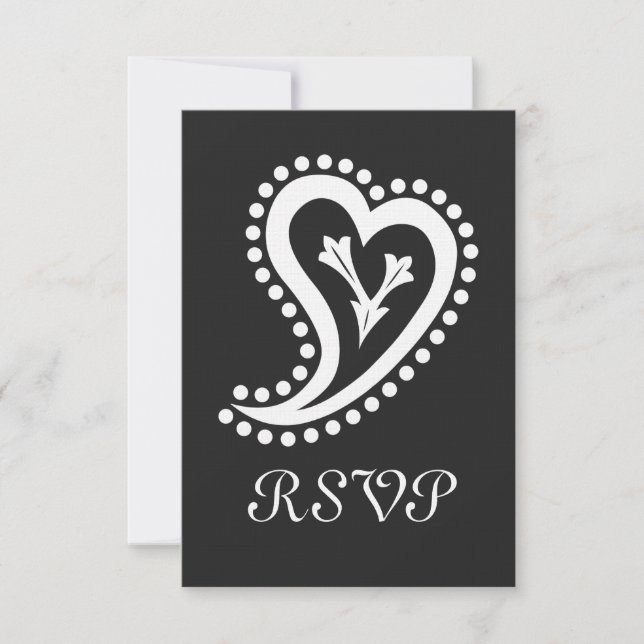 Sweet Paisley Hearts in Black RSVP Card (Front)
