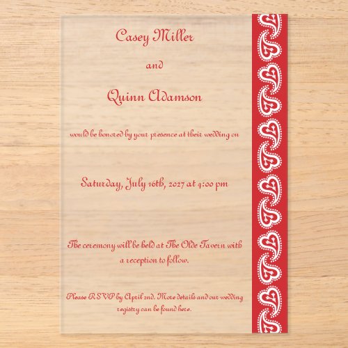 Sweet Paisley Hearts in Cherry Acrylic Wedding  Invitations