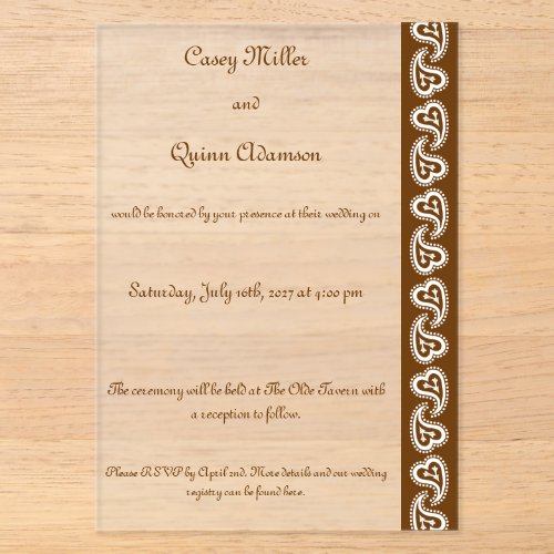 Sweet Paisley Hearts in Chocolate Acrylic Wedding Invitations