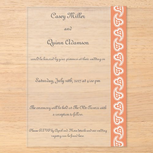 Sweet Paisley Hearts in Coral Acrylic Wedding Invitations