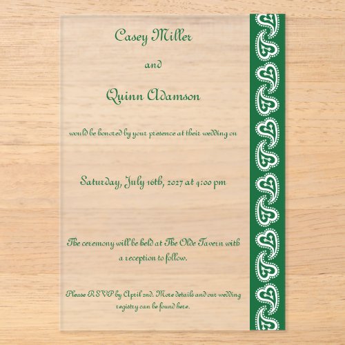 Sweet Paisley Hearts in Green Acrylic Wedding Invitations