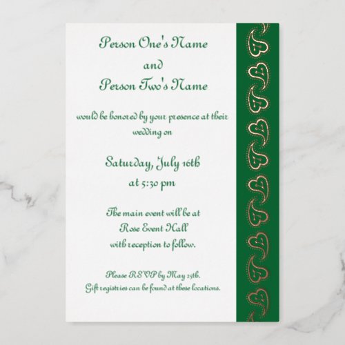 Sweet Paisley Hearts in Green Foil Invitation