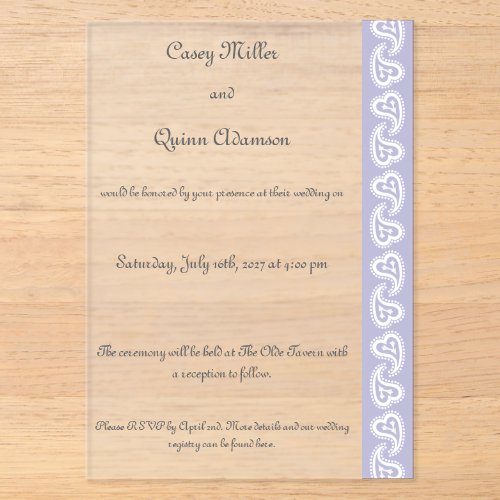 Sweet Paisley Hearts in Lavender Acrylic Wedding Invitations