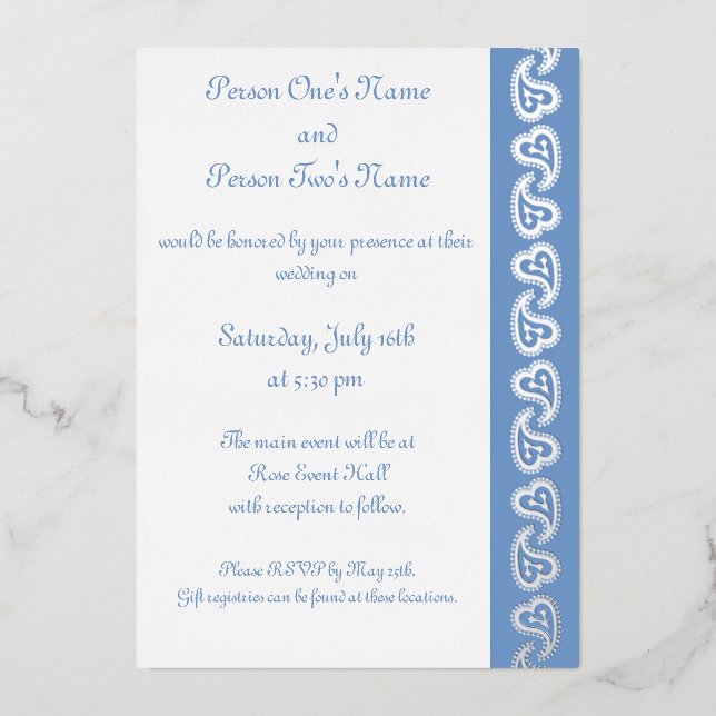 Sweet Paisley Hearts in Periwinkle Foil Invitation (Front)