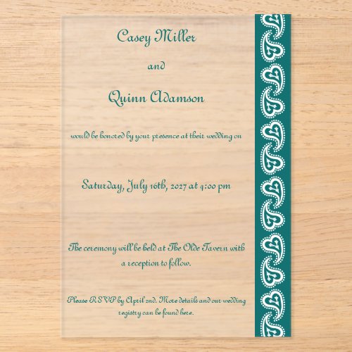 Sweet Paisley Hearts in Teal Acrylic Wedding Invitations