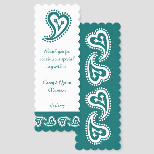 Sweet Paisley Hearts in Teal Wedding Favor Bookmarks