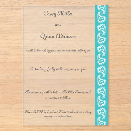 Sweet Paisley Hearts in Turquoise Acrylic Wedding Invitations