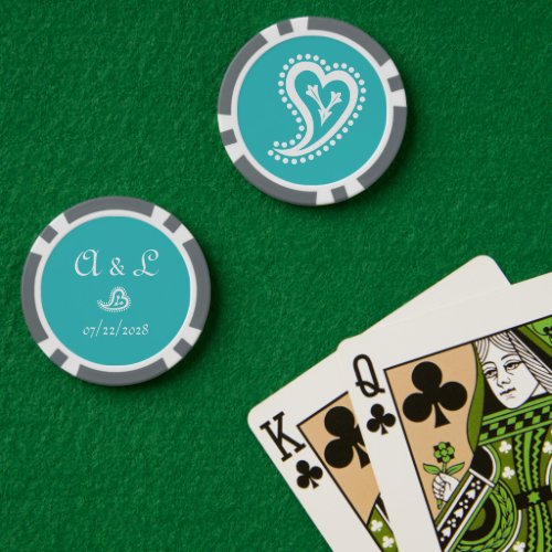 Sweet Paisley Hearts in Turquoise Poker Chips