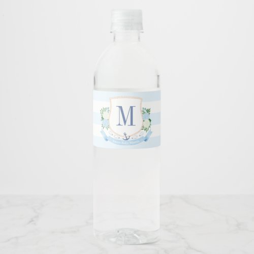 Sweet Pale Blue Coastal Monogram Baby Shower Party Water Bottle Label