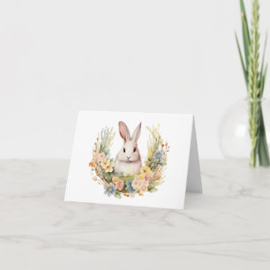 Sweet Pale Bunny Rabbit with Spring Flowers BLANK  Card