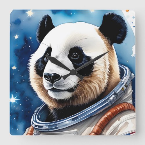 Sweet Panda Bear in Astronaut Suit Outer Space Square Wall Clock