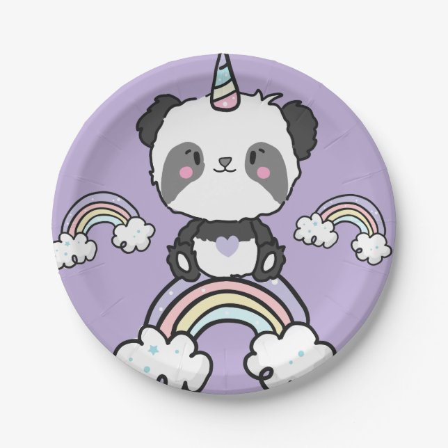 Sweet Panda Unicorn Girls Floral Rainbows Paper Plates (Front)