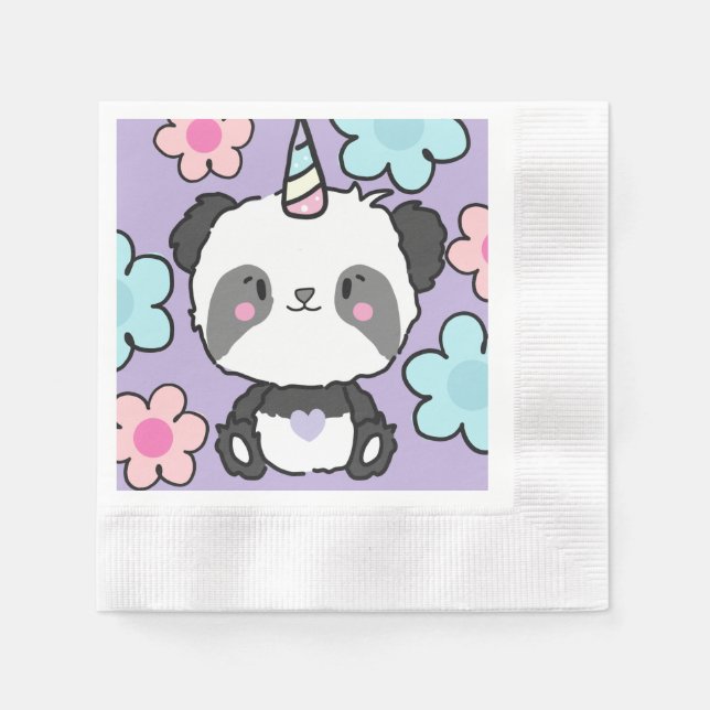 Sweet Panda Unicorn Girls Rainbow Birthday Napkins (Front)