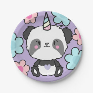 Sweet Panda Unicorn Girls Rainbow Birthday Paper Plates