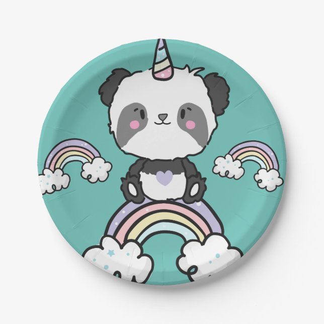 Sweet Panda Unicorn Girly Floral Paper Plate (Front)
