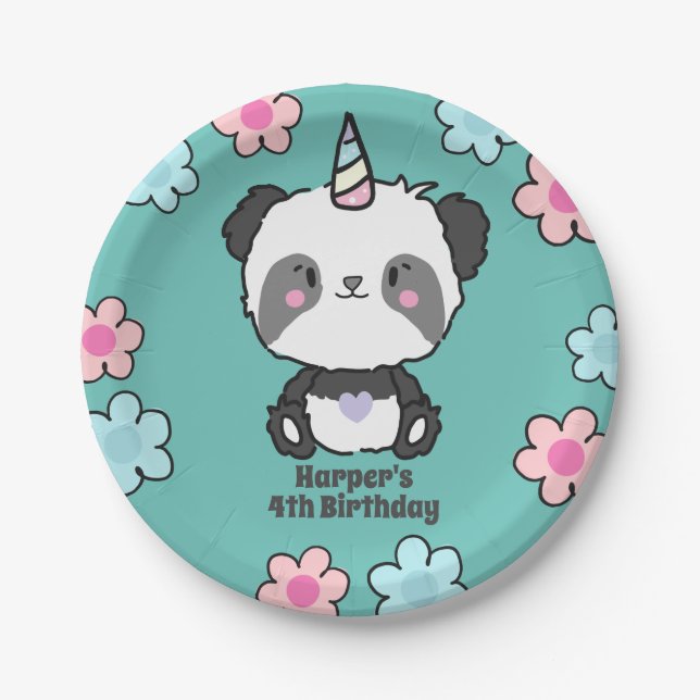Sweet Panda Unicorn Girly Floral Personalized Pape Paper Plates (Front)