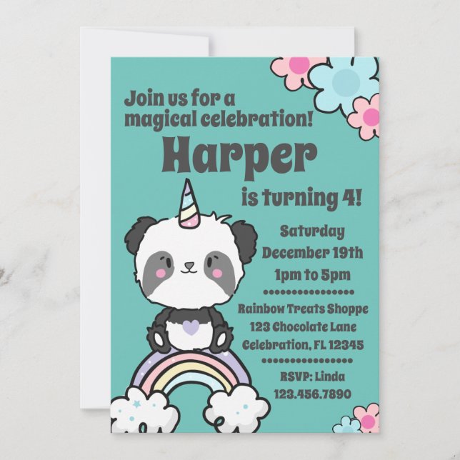 Sweet Panda Unicorn Girly  Invitation (Front)