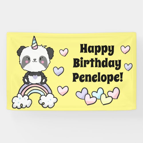 Sweet Pandacorn with Rainbow Hearts Birthday Banner