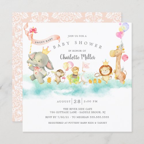 Sweet Parade Baby Shower Invitation - Adorable baby shower invitation featuring a parade of animals with crowns, balloons, musical instruments & bunting banners. Perfect design for a regular, virtual or drive by baby shower.  Flip our invite over to view a damask back for an extra special touch.