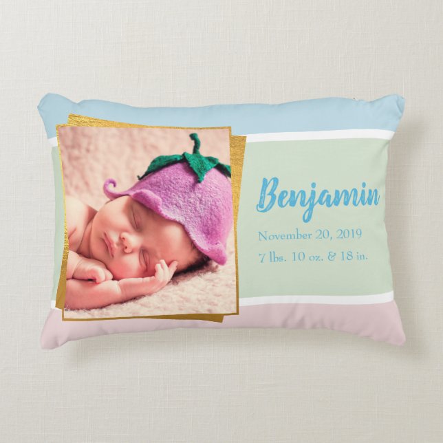 Sweet Pastel Baby Boy Photo Birth Record Stat Accent Pillow (Front)