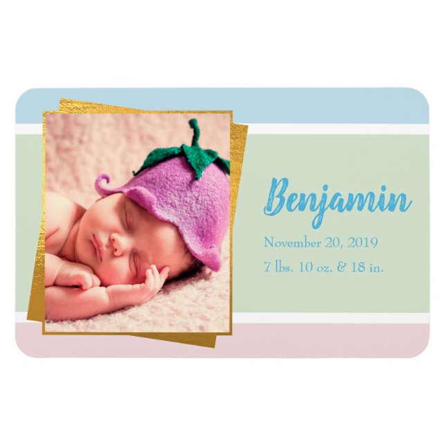 Sweet Pastel Baby Boy Photo Birth Record Stat Magnet (Horizontal)