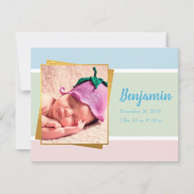 Sweet Pastel Baby Boy Photo Birth Record Stat Note Card (Front)