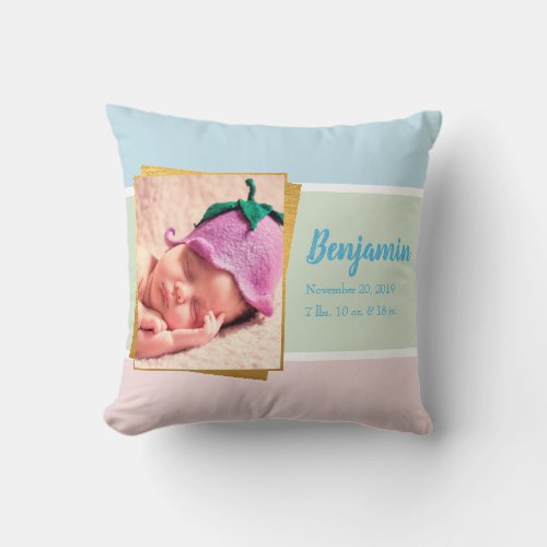 Sweet Pastel Baby Boy Photo Birth Record Stat Throw Pillow