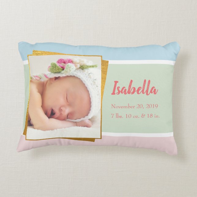 Sweet Pastel Baby Girl Photo Birth Record Stat Accent Pillow (Back)