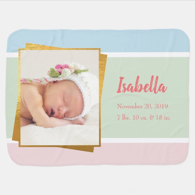 Sweet Pastel Baby Girl Photo Birth Record Stat Baby Blanket (Horizontal)