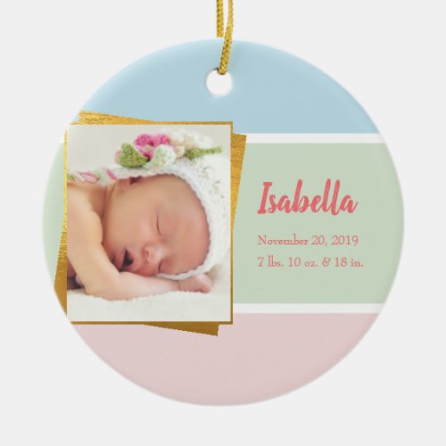 Sweet Pastel Baby Girl Photo Birth Record Stat Ceramic Ornament