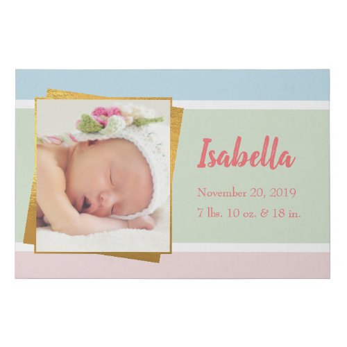 Sweet Pastel Baby Girl Photo Birth Record Stat Faux Canvas Print