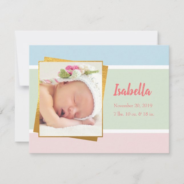 Sweet Pastel Baby Girl Photo Birth Record Stat Note Card (Front)