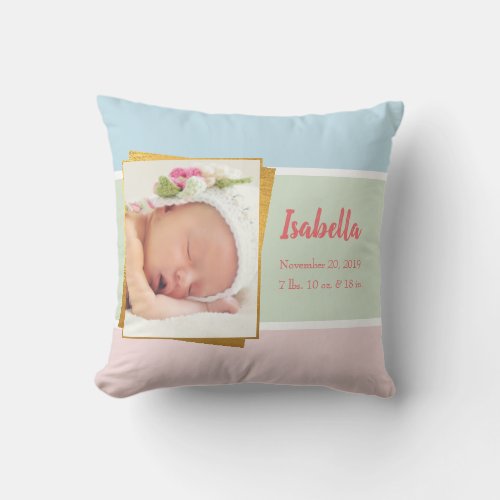 Sweet Pastel Baby Girl Photo Birth Record Stat Throw Pillow
