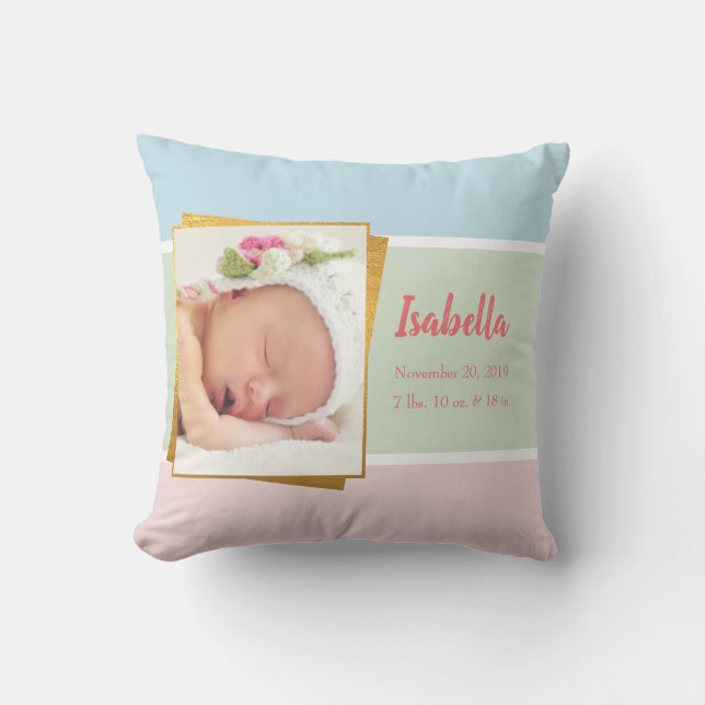 Sweet Pastel Baby Girl Photo Birth Record Stat Throw Pillow (Front)