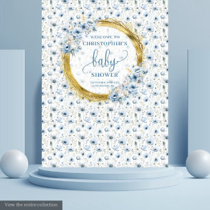 Sweet Pastel Blue Gold Flowers Baby Shower Banner Tapestry