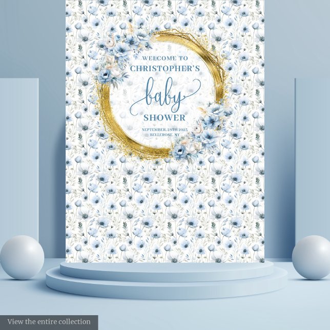 Sweet Pastel Blue Gold Flowers Baby Shower Banner Tapestry (Sweet Pastel Blue Gold Flowers Baby Shower Banner Tapestry)