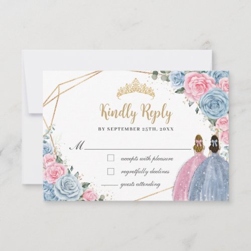 Sweet Pastel Blue Pink Quinceaera Twins Reply RSVP Card