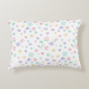 Sweet Pastel Floral Hearts and Paw Print Pattern  Accent Pillow