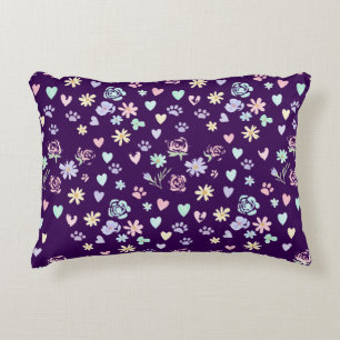 Sweet Pastel Floral Hearts and Paw Print Pattern  Accent Pillow