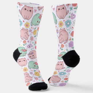 Sweet Pastel Kawaii Cat and Spring Floral Pattern Socks