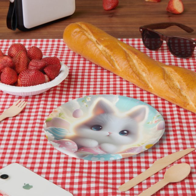 Sweet Pastel Kawaii Kitten Easter Eggs Paper Plates (Picnic)