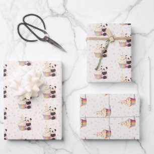 Sweet Pastel Panda Baby 3rd Birthday Wrapping Paper Sheets