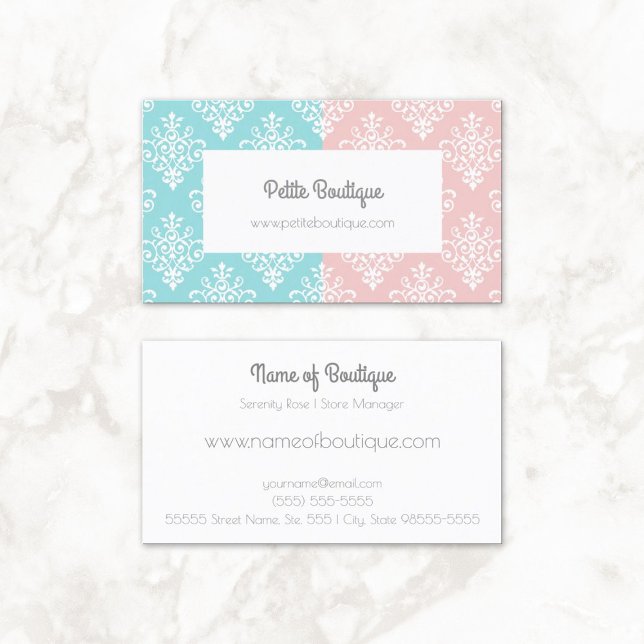 Sweet Pastel Pink and Blue Damask Boutique Business Card (Sweet Pastel Pink and Blue Damask Boutique Business Cards)