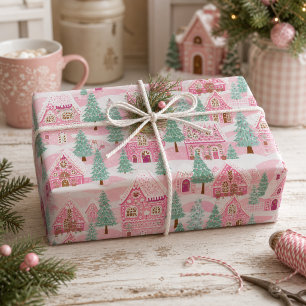 Sweet Pastel Pink Gingerbread Village Christmas Wrapping Paper