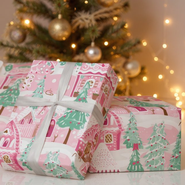 Sweet Pastel Pink Gingerbread Village Christmas Wrapping Paper (Creator Uploaded)