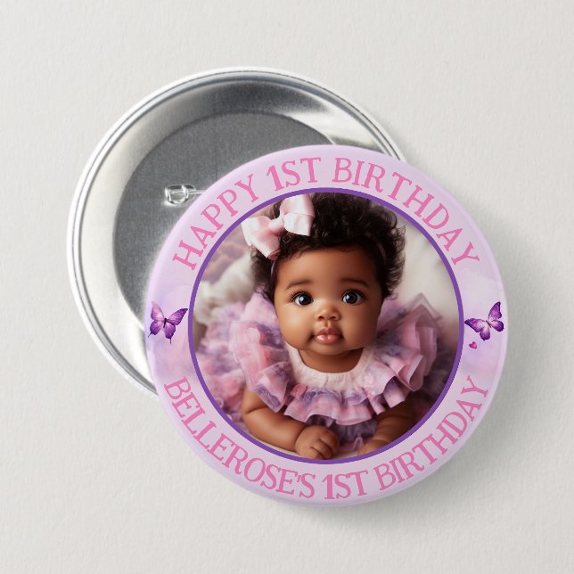 Sweet Pastel Pink/Purple 1st Birthday Photo Button (Front & Back)