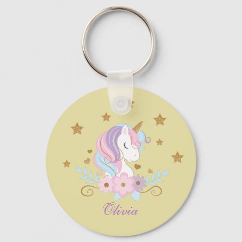 Sweet Pastel Unicorn with Flowers And Gold Stars Keychain