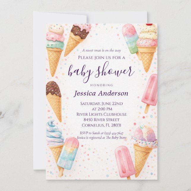 Sweet Pastel Watercolor Ice Cream Baby Shower Invitation (Front)